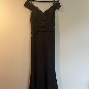 Formal black lace off the shoulders black dress with train